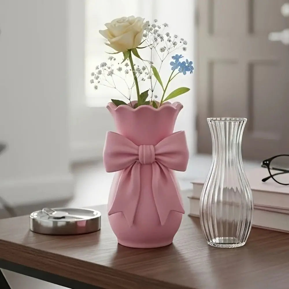 Twisted Design Pink Bow Flower Vases Flower Arrangement 3D Printed Decorative Vase Elegant Style Tabletop Flower Pot