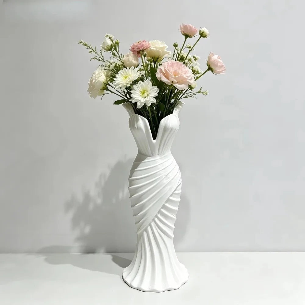 Gown-Shaped 3D Printed Flower Vases Twisted Design Minimalist-Style Elegant Dress Vase Flower Arrangement Decorative Vase