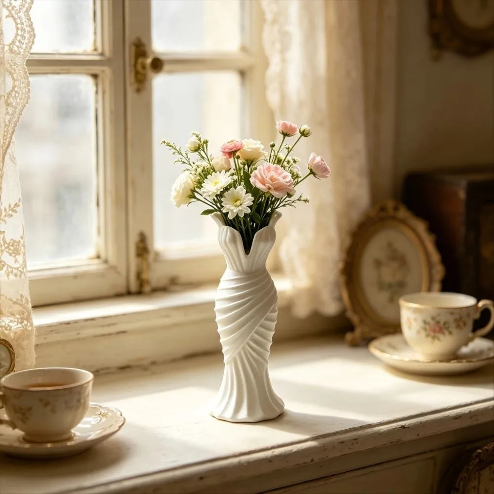 Gown-Shaped 3D Printed Flower Vases Twisted Design Minimalist-Style Elegant Dress Vase Flower Arrangement Decorative Vase