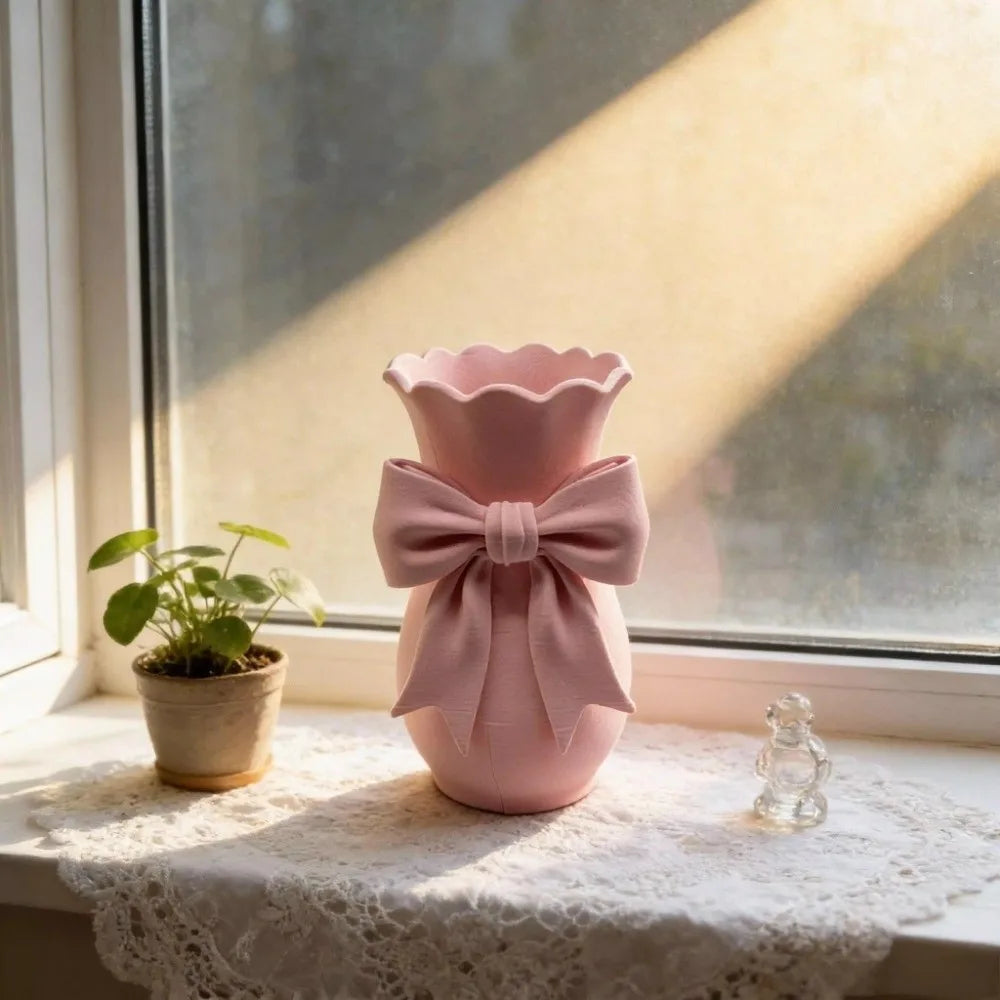 Twisted Design Pink Bow Flower Vases Flower Arrangement 3D Printed Decorative Vase Elegant Style Tabletop Flower Pot